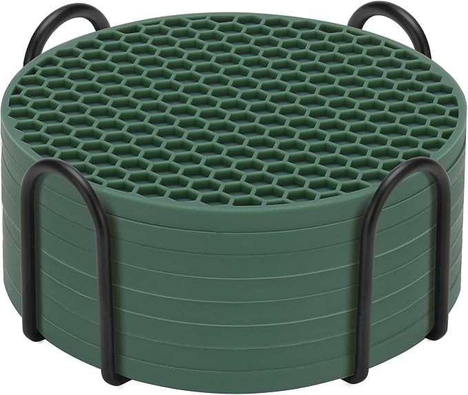 TWTLi Silicone Coasters Set of 8 with Holder — Non-Slip Drink Coasters for Coffee Table, Home Bar & Kitchen, Protects Wood & Marble Surfaces from Water Rings, Dishwasher Safe (Green)
