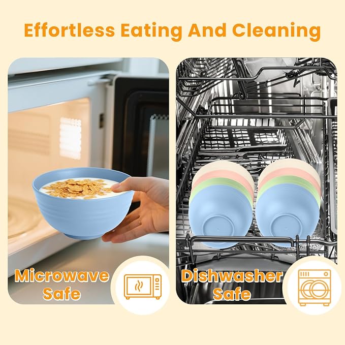 Wheat Straw Bowls, Unbreakable Cereal Bowls Microwave Safe, 8 PCS Lightweight Stackable Snack & Soup Bowls for Kitchen, Camping, Party, Dishwasher Safe Plastic Bowl Alternative (Light, 26oz)