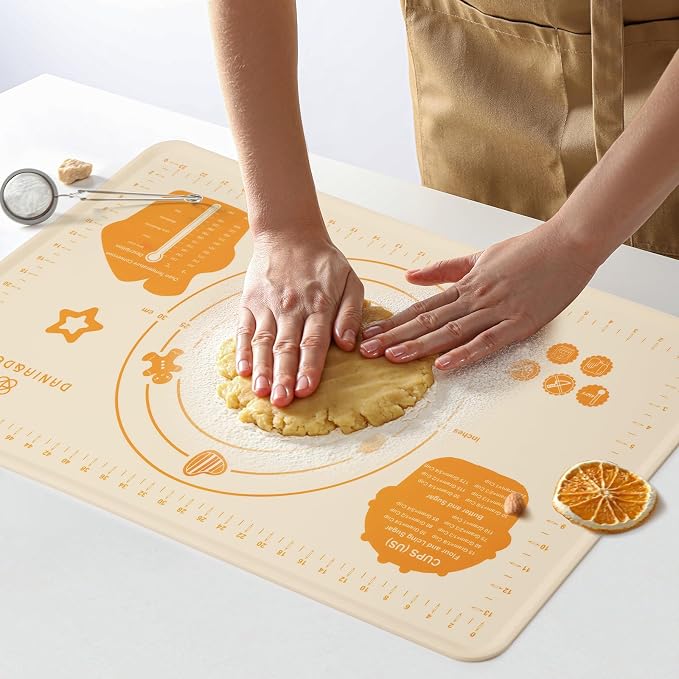 DANIA & DEAN 26"x16" 1.1mm Ultra-Thick Baking-Themed Silicone Pastry Mat | Non-Slip & Non-Stick Mat with 4.5mm Raised Edges & Measurements, Anti-Spill for Dough, Bread, Cookies & Pizza Counter Sheet