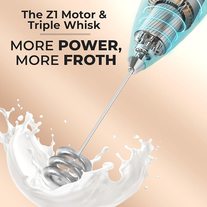 Zulay Kitchen Powerful Milk Frother Wand With Duracell Batteries - Ultra Fast Handheld Drink Mixer - Electric Whisk Foam Maker for Coffee, Lattes, Cappuccino & Matcha - Triple Whisk - Peppermint