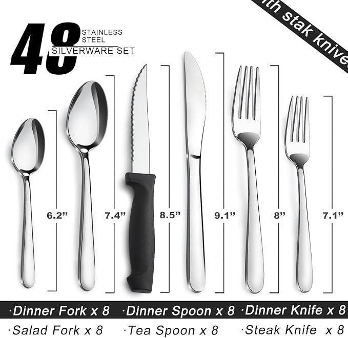 Pleafind 48-Piece Stainless Steel Silverware Set for 8 - Heavy Duty Flatware Set Including Steak Knives, Forks, Spoons and Dinner Knives, Mirror Polished Kitchen Utensils Set, Dishwasher Safe