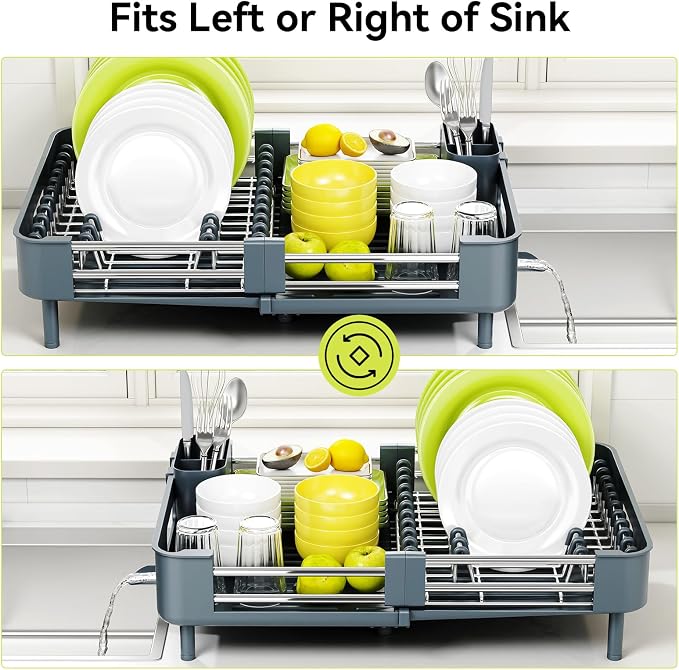 Urackify Extendable Stainless Dish Drying Rack for Kitchen Counter | 13.78"W x 18.7"L, Foldable Drainboard for Space Saving, Knife and Utensil Holder, Fast-draining Spout, Dark Slate Teal