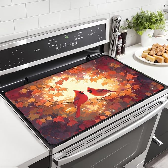 Fall Cardinal Maple Stove Top Covers for Electric Stove, Anti-Slip Dish Drying Mats for Kitchen, Heat Resistant Silicone Insulation Mat for Glass Top Burner, Thanksgiving Decor