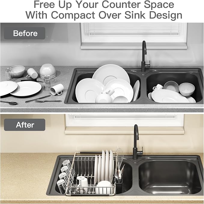 Dish Drying Rack Over The Sink with Adjustable Utensil Holder | Expandable Stainless Steel Dish Drainer for Small Kitchen, Apartment, RV, Counter Space Saving, Perfect Fit, Rustproof