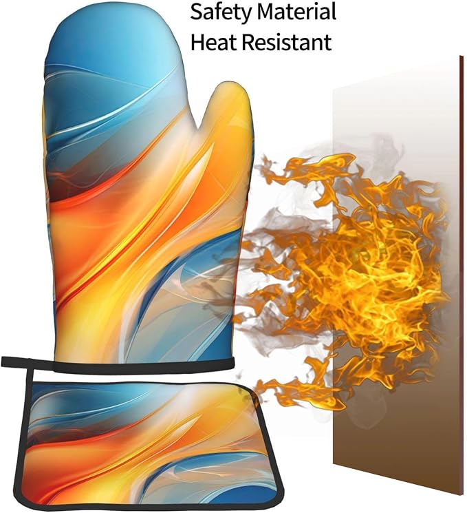 Burnt Orange Blue Abstract Fluid Oven Mitts and Pot Holders Sets of 3, Heat Resistant Non-Slip Boho Modern Kitchen Gloves Gift for Cooking Lover, Stylish Kitchen Decor for Baking BBQ Cooking Grilling