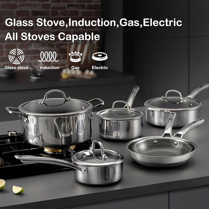 Sauce pan with lid,1.5 Quart & 2.5 Quart Hybrid Nonstick Pot set | Hybrid Stainless Steel Saucier cookware,non stick Pots PFOA Free,Works on Induction,Ceramic and Gas Cooktops