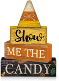 Lineshading 4 Pcs Halloween Table Decoration Candy Corn Wooden Stacked Sign | Rustic Stacked Blocks for Tabletop, Show Me the Candy Theme, Fall Halloween Home Decorations, Tiered Tray Display