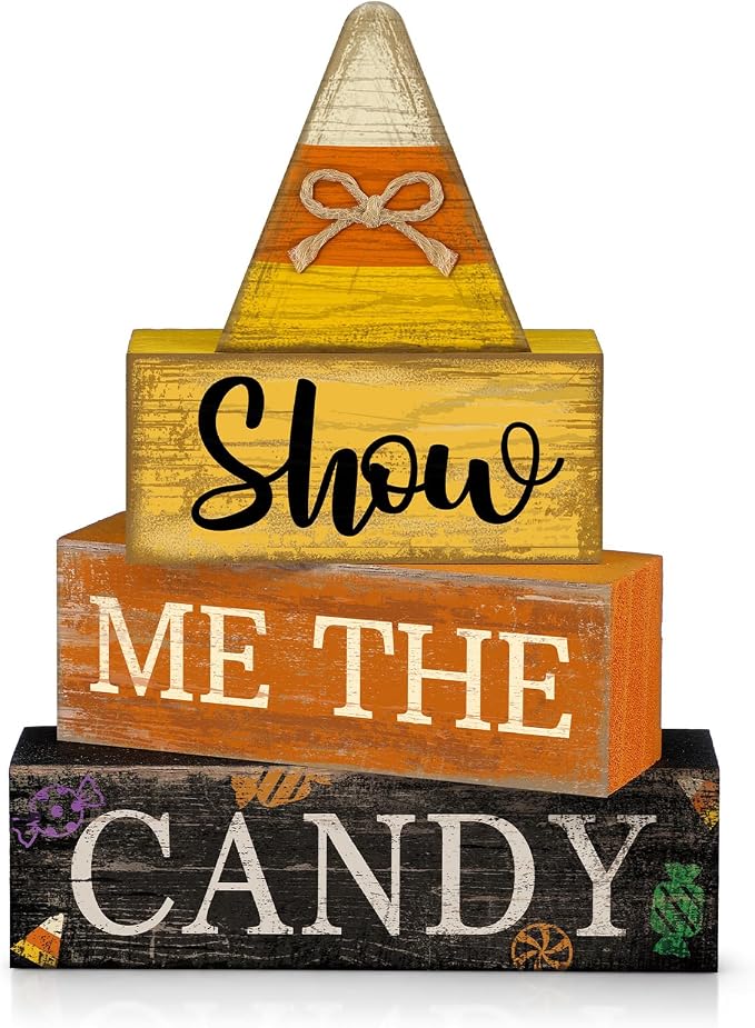 Lineshading 4 Pcs Halloween Table Decoration Candy Corn Wooden Stacked Sign | Rustic Stacked Blocks for Tabletop, Show Me the Candy Theme, Fall Halloween Home Decorations, Tiered Tray Display