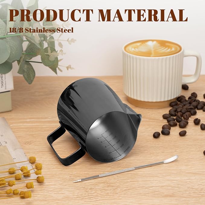 Amrules Milk Frothing Pitcher 12oz Frother Cup Barista Tools, Bright Black | 18/8 Stainless Steel, 12oz Capacity with Clear Scale, with Decorating Pen, Ergonomic Handle, for Cappuccino, Latte & Espresso