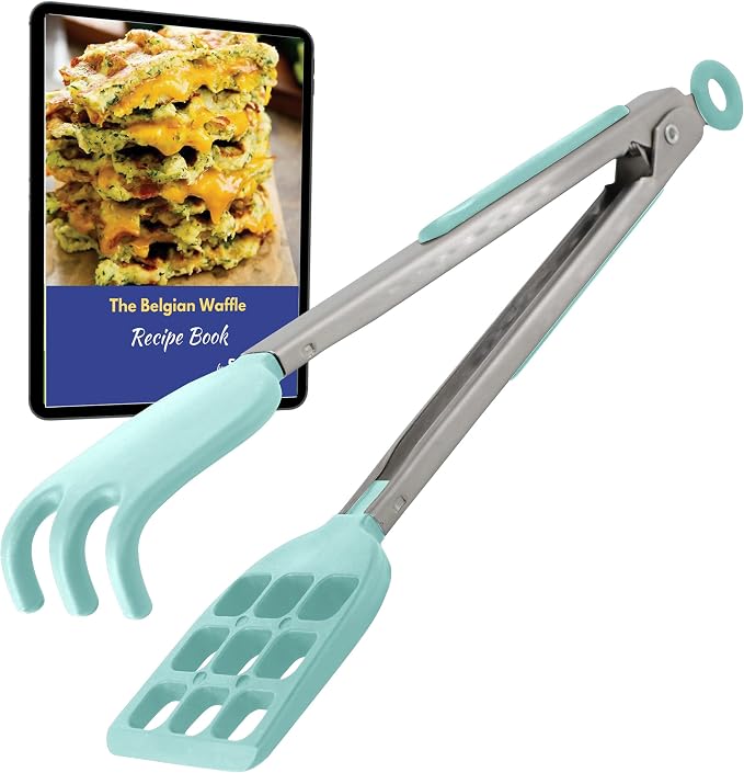 Mini Waffle Tongs by StarBlue Green – 10 Inches Silicone and Nylon Serving Tongs with Non-Slip Smooth Handles, Non-Scratch and Dishwasher Safe, Multipurpose Spatula Tongs for Belgian Waffle Serving