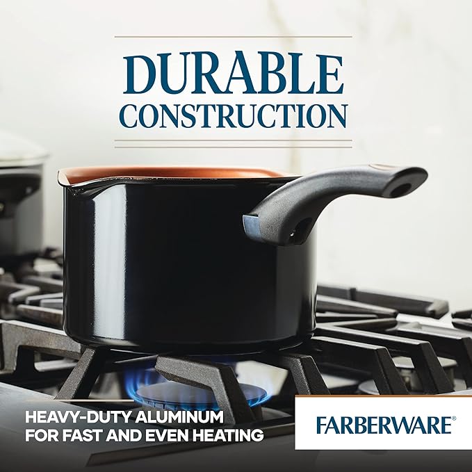 Farberware Glide Copper Ceramic Nonstick Straining Sauce Pan with Lid, 3-Quart, Black