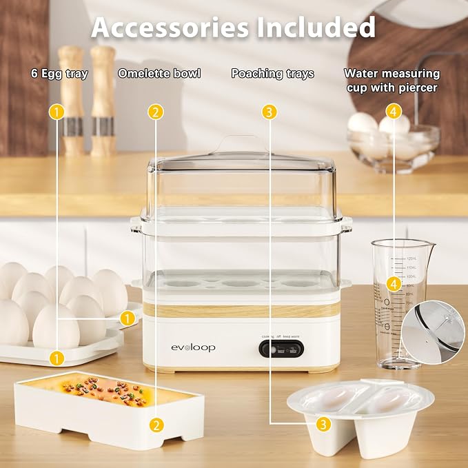 Evoloop Rapid Egg Cooker Electric 12 Eggs Capacity, Soft, Medium, Hard Boiled, Poached, Omelet Maker Egg Poacher & Vegetable Steamer, BPA Free Tray（white）