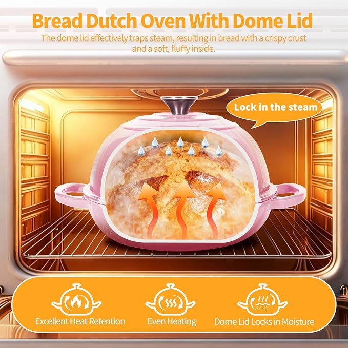 6QT Enameled Cast Iron Pink Dutch Oven For Sourdough Bread Baking | Dutch Oven Pot With Lid,Non-stick Sourdough Baking Pan with Bread Dome,Round Ceramic Dutch Oven Pot for Homemade