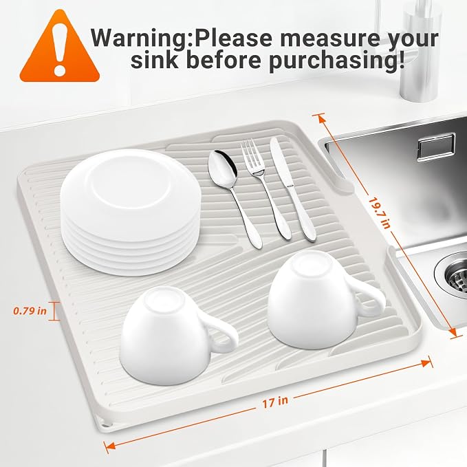 Silicone Dish Drying Mat for Kitchen counter | 19.7"x17" Dish Drainer Mat,Heat-Resistant Kitchen Counter Mat & Over-Sink Drying Tray, Can Be Hung,Cream-1pcs-L