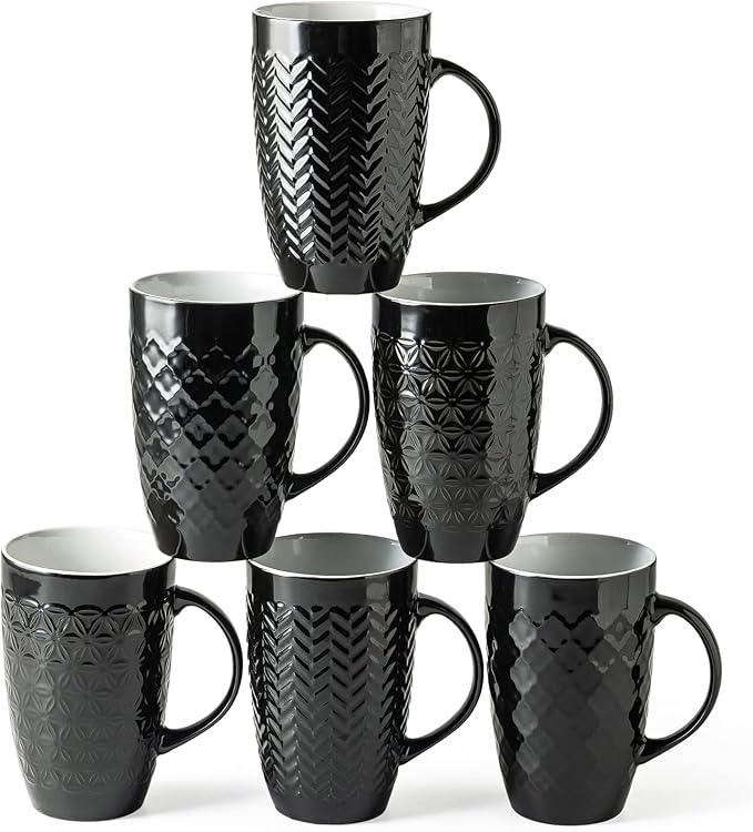 AmorArc 20 oz Large Coffee Mugs Set of 6, Black Ceramic Tall Coffee Cups | 3 Assorted Designs, Embossed Ceramic Coffee Mugs with Large Handle for Coffee/Tea/Cappuccino, Dishwasher&Microwave Safe