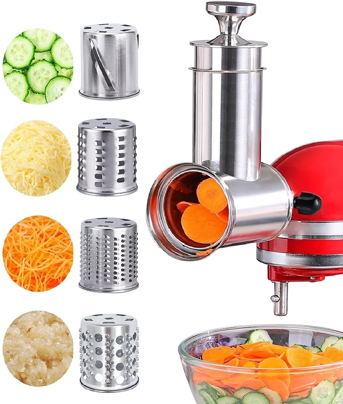 FavroKit Fresh Prep. Cheese Grater Attachment for KitchenAid Stand Mixers | Full Stainless Steel Slicer Shredder,60mm Feed Tube,Ergonomic Pusher,Dishwasher Safe Salad Maker Accessories,4 Thick Blades