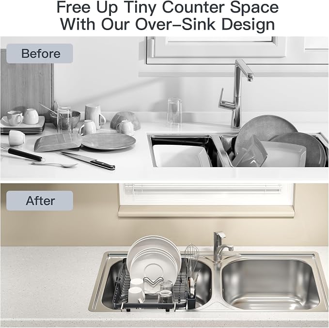 Grey Dish Drying Rack Over The Sink with Utensil Holder | Expandable Stainless Steel Dish Drainer for Small Kitchen, Apartment, RV, Counter Space Saving, Perfect Fit, Rustproof