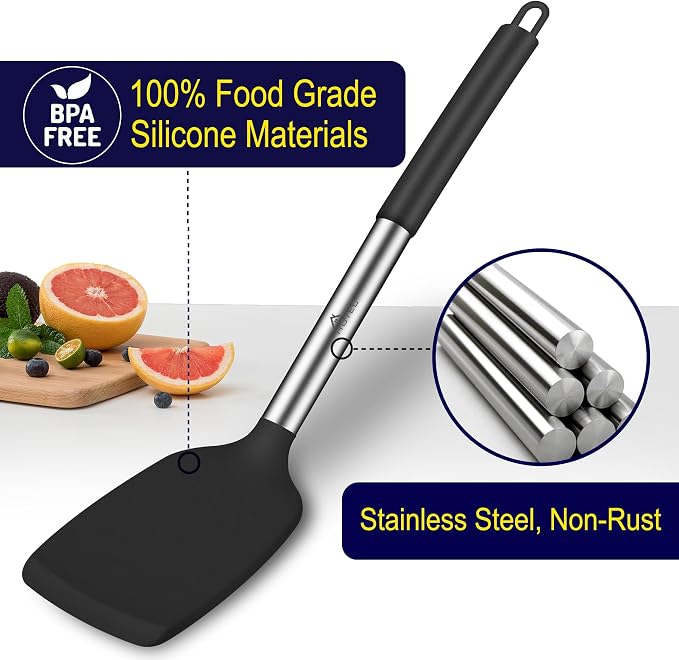 HOTEC Silicone Spatula Set of 2, High Heat-Resistant & BPA-Free Kitchen SaptulaTurner with Stainless Steel Handles, Slotted & Solid Spatulas for Nonstick Cookware, 13.7 Inch, Black