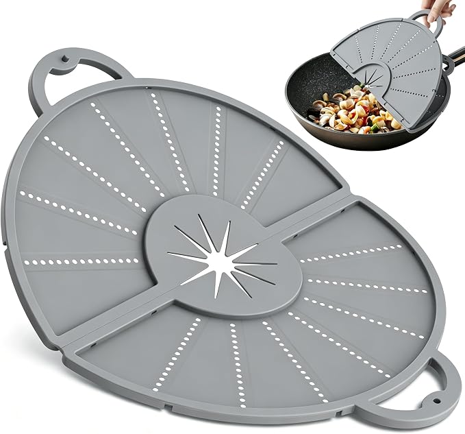 Foldable Silicone Splatter Screen for 10-12 Inch with Handle，Gray | Foldable Splash Guard, Multi-Use Grease Splatter Guard, Non-Stick Oil Splatter Guard, Dishwasher Safe, BPA Free