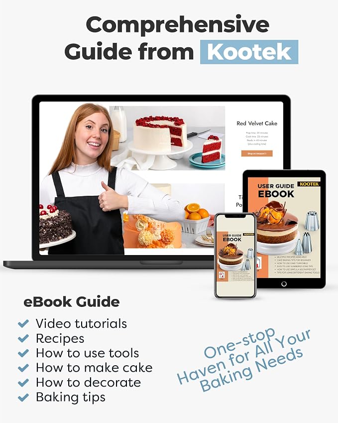 Kootek 71 Cake Decorating Kit Baking Supplies Tools for Beginners & Pros | Cake Stand Turntable, Icing Piping Tips, Disposable Reusable Pastry Bag, Spatulas, Video Tutorial, Pattern Chart