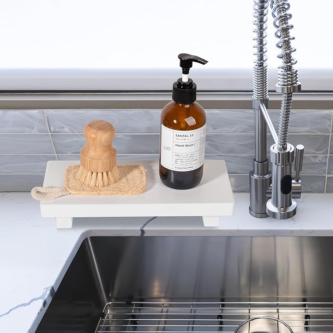 Wood Bathroom Tray Farmhouse Decor Kitchen Soap Holder, 10"x4.5" White | Waterproof, Lightweight, Easy Clean, Small Wooden Riser Pedestal Stand Accessories for Office Desk, Vanity, Counter, Sink