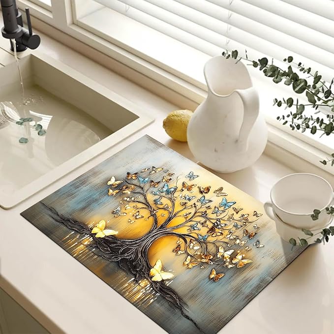 HOMETITUTE Blue Gold Butterfly Tree Stove Top Cover 28x20 Diatomite Mat