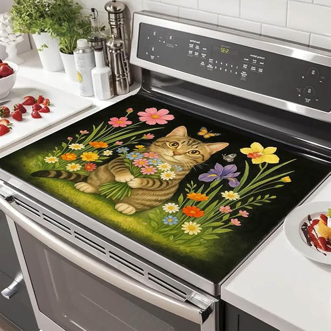 HOMETITUTE Flower Bouquet Cat Stove Top Covers for Electric Stove Cover 28x20 Inches Decorative Glass Cooktop Pad Heat Resistant Stovetop Cover Kitchen Mat for Sinks and Worktops Made with Diatomite