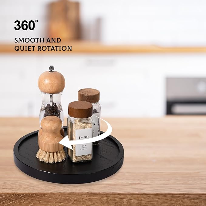 Wood Lazy Susan Turntable Kitchen Decor Round Table Tray, 9" Black | Waterpoof, Easy clean, Non-slip, Rotating Wooden Decorative Pantry Table Tray for Seasoning, spice, snack