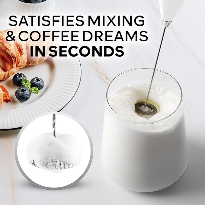 Zulay Kitchen Powerful Milk Frother Wand With Duracell Batteries - Ultra Fast Handheld Drink Mixer - Electric Whisk Foam Maker for Coffee, Lattes, Cappuccino & Matcha - Z1 Motor - Blizzard White