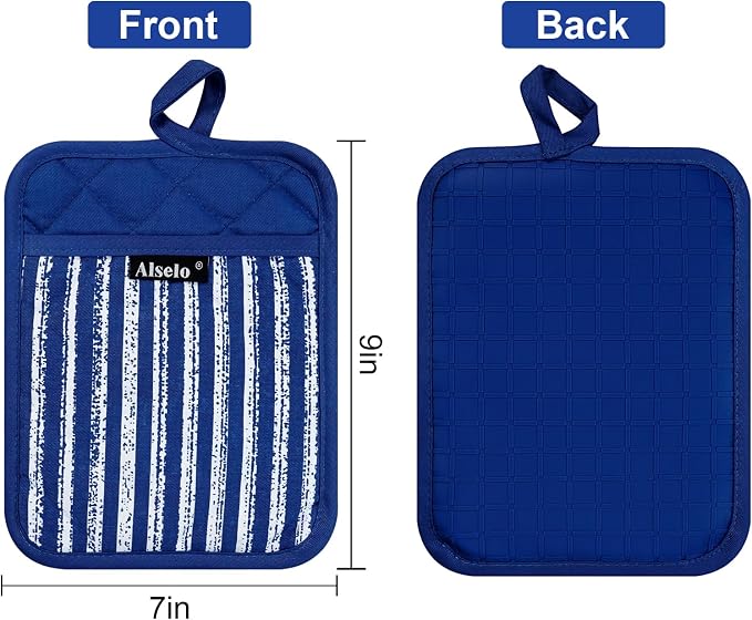 Alselo Silicone Pot Holders Set of 3 Heat Resistant & Non Slip Potholders | Professional Oven Hot Pads with Pockets Mitts for Kitchen Cooking Baking Barbecue (Cobait Blue, 3)