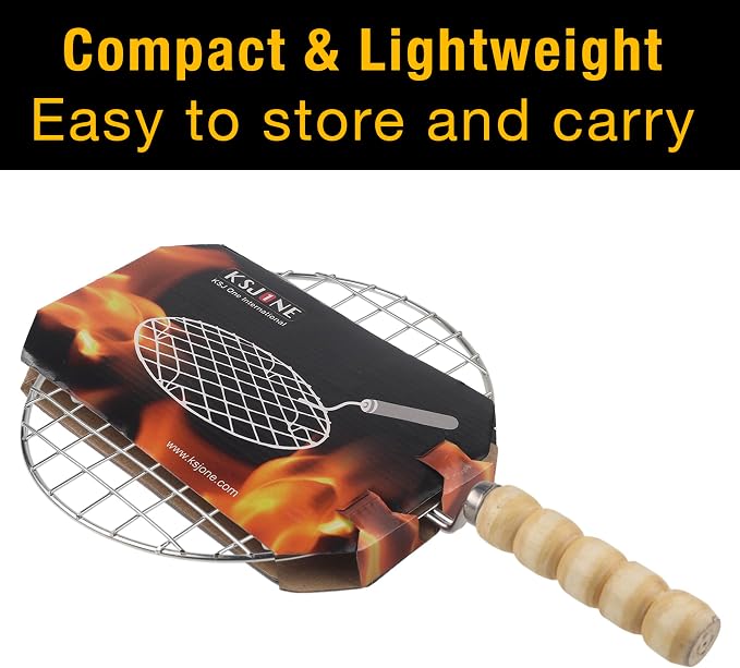KSJONE Stainless Steel Multi-Functional Wire Steaming Cooling and Baking Barbecue Rack Round Wire Roaster Rack/Papad Jali/Roti Grill Round Shape with Wooden Handle