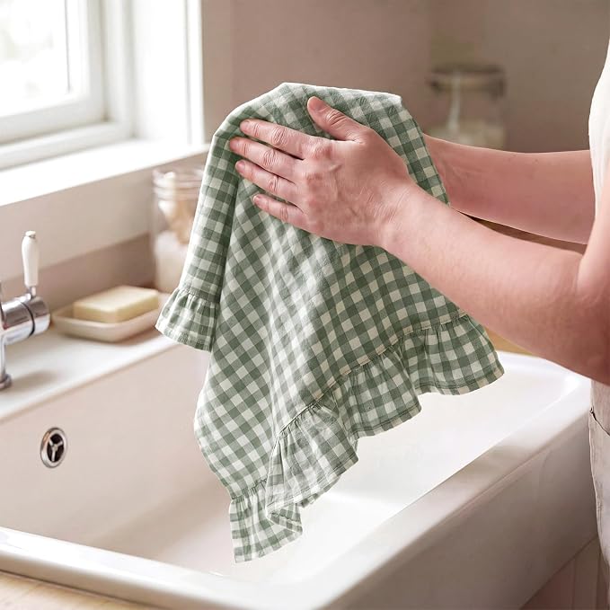 HunnmingRe 2 Pcs Green Gingham Kitchen Towels Cotton Ruffled | Checked Dish Towels 18"x28" Tea Cloths Plaid Cottage Core Kitchen Decor for Farmhouse Charm Drying Dishes Entertaining Guests