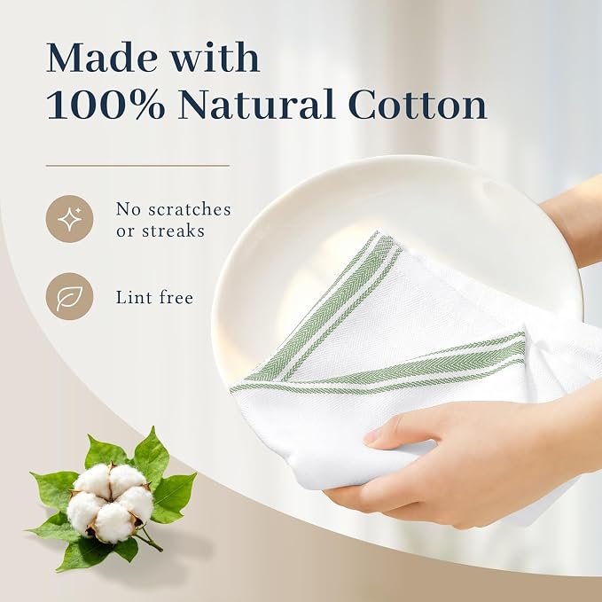 Homaxy 100% Ring Spun Cotton Kitchen Towels 12 Pack, Grass Green Stripe | 15 x 25 Inch, Highly Absorbent Dish Towels for Kitchen Drying, Reusable Cleaning Cloths, Soft Tea Towels with Hanging Loop