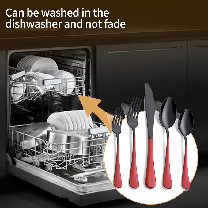 20-Piece Black and Purple Stainless Steel Flatware Set - 4 Dinner Knives, Forks, Spoons, Salad / Dessert Teaspoons - Dishwasher Safe