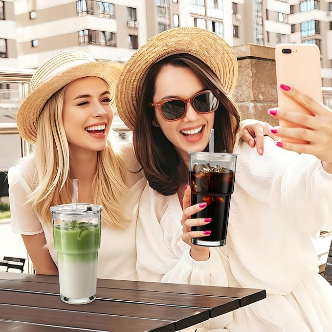 Iced Coffee Cups with Lids: Coffee Bar Accessories - Tumbler Leak Proof for To Go Iced Coffee Cup with Lid 4Pack - 20 oz Glass Cup with Lid and Straws - Thickened Glass Tumbler with Straw and Lid600ml