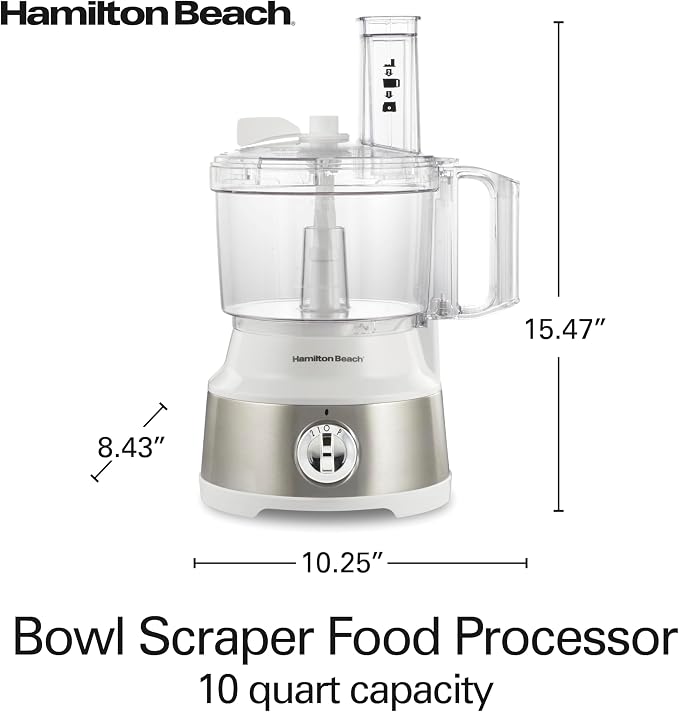 Hamilton Beach 10 Cup Food Processor & Vegetable Chopper | For Slicing, Shredding, Mincing, and Puree | Easy Clean Bowl Scraper Attachment | White and Stainless Steel | 70733J