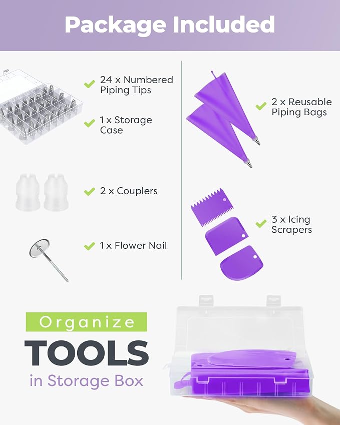 Kootek 32 Piping Bags and Tips Set Frosting Piping Kit for Beginners & Pros | Storage Case, Baking Supplies Tools, 24 Icing Tips, 2 Reusable Piping Bags, 3 Scrapers, for Cupcake Cookie Cake Decorating