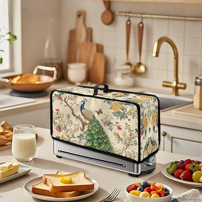 ZDCUSTOM Vintage Peacock Toaster Cover 2 Slice Branch Flower Toaster Covers Long Slot Slim Dust Protector Machine Washable Thin Small Appliance Covers for Kitchen Elegant