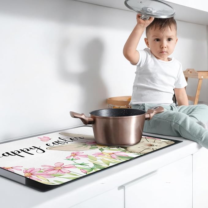 Happy Easter Glass Stove Top Covers for Electric Stove,Spring Bunny Rabbit Flowers Floral Cute Heat Resistant Cooktop Protector Non-Slip Washable Dish Drying Mat Rug Pad for Kitchen Decor 28"x20"