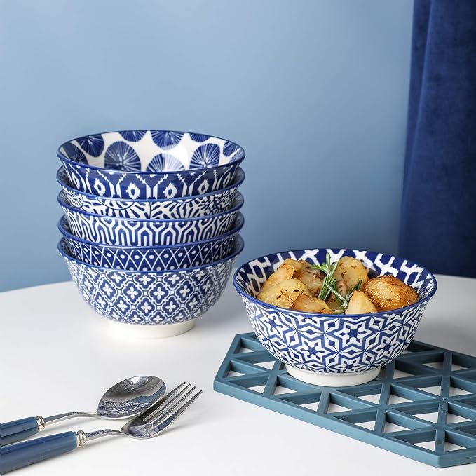 Selamica Porcelain 11oz Ice Cream Bowls Set of 6, Small Bowls, Vintage Blue | Ceramic bowls for Dessert, Ice Cream