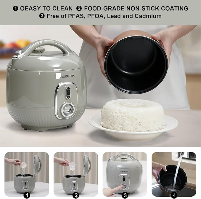 Durable Rice Cooker Small 3-Cup (Uncooked)/6-Cup (Cooked) for 1-3 People, 1.6L Non-stick Mini Rice Cooker, Perfect for White/Brown Rice, Porridge, Soup, and Hot Pot, Auto Keep Warm 12 hours(Sage Green)