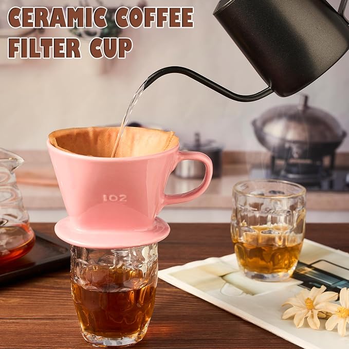 Pour Over Coffee Dripper, Ceramic Pour Over Coffee Maker, Pink | 3 Holes Flat Bottom, Easy Manual Brew Maker, Porcelain Slow Filter Cone for Travel, Camping, Office, Home
