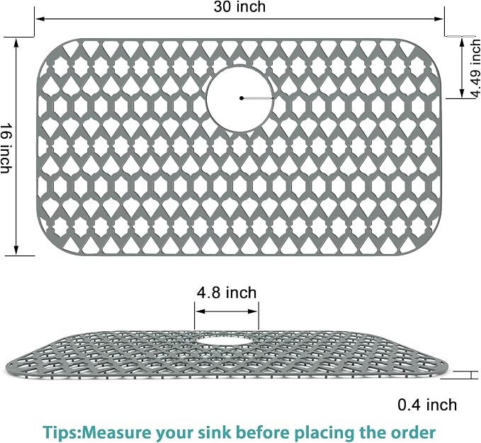 Silicone Kitchen Sink Protectors Mats - 12" 13" 14" 16" 18" 19" 21" 22" 24" 25" 26" 28" 30", Heat Resistant, Machine-wash (30”x16”, Rear Drain)