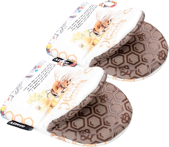 Alselo Mini Oven Mitts 2-Pack Set,Silicone Little Kitchen Gloves | Heat Resistant with Non-Slip Grip and Soft Quilted Cotton Lining for Safe Backing Cooking Barbecue (Khaki, Bee,2)