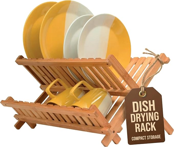 Bambüsi Collapsible Dish Drying Rack, Foldable Kitchen Counter Dish Drainer | Dish Rack Folds Flat, Space-Saving Bamboo Strainer, No Assembly, Holds Plates Cups Bowls Mugs Utensils, for Home, RV, Dorm