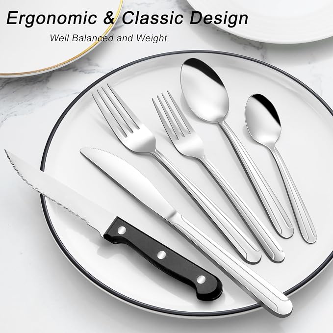 Pleafind 72-Pieces Silverware Set for 12, Flatware Set with Steak Knives, Stainless Steel Cutlery Set, Include Forks Spoons and Knives Set, Dishwasher Safe Utensil Sets for Home Restaurant