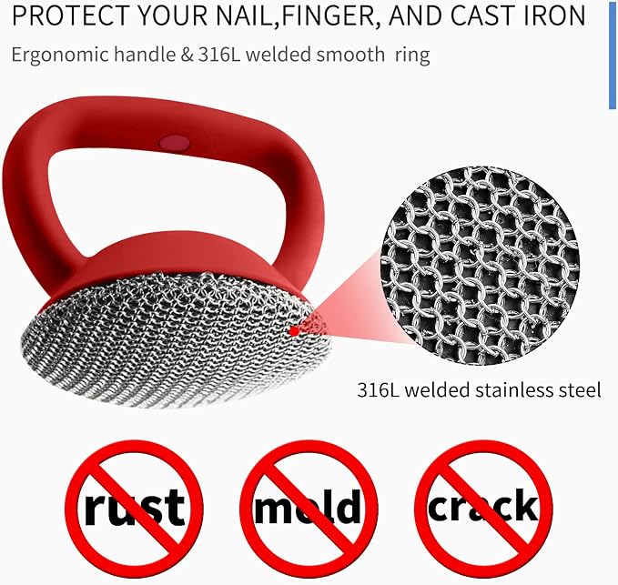 Cast Iron Cleaner Scrubber with Heavy Duty Handle, 3mm Welded Chain Mail | Fine Ring,Stainless Steel Sponge Chainmail Scrubber, Skillet Oven Grill Cleaning Metal Brush -Dishwasher safe,Heat Resistant