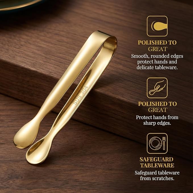 Mini Serving Tongs Set of 6, 4.25 Inch Gold Stainless Steel Small Tongs | Perfect for Sugar Cubes, Desserts, Tea Party, Ice Cubes, Appetizers — Smooth Rounded Edges, Dishwasher Safe Kitchen Utensils