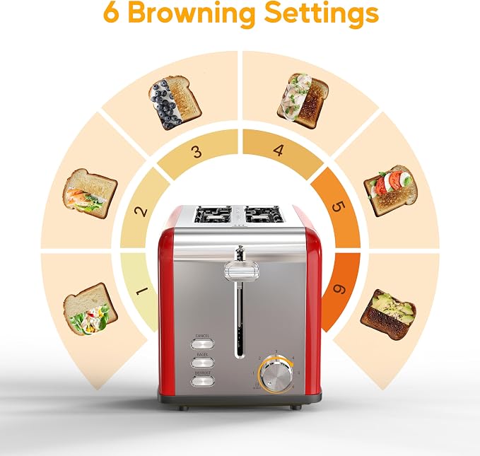 HealSmart 2-Slice Stainless Steel Toaster, 6 Browning Setting and 3 Function Toaster, Extra Wide Slot & Removable Crumb Tray, for Bread & Waffle, Red