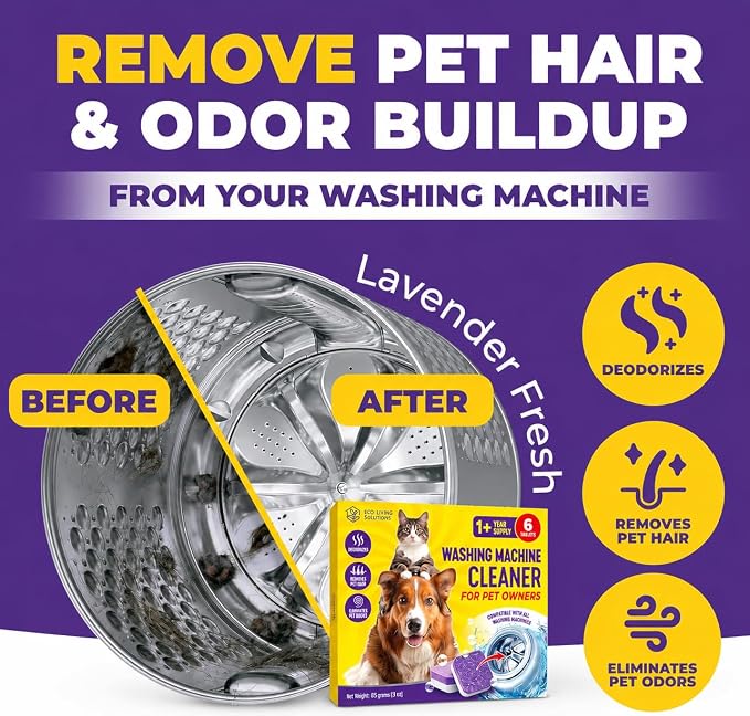 ECO LIVING SOLUTIONS Washing Machine Cleaner Tablets for Pet Owners, Front&Top Load Washer Deep Cleaning, HE & Septic Tank Safe, Remove Pet Hair, Eliminates Smells, Prevents Dander Build-up (6)